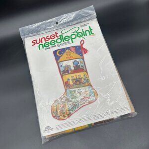 Vintage Sunset Needlepoint Christmas Dollhouse Stocking Kit 1980 Open Complete